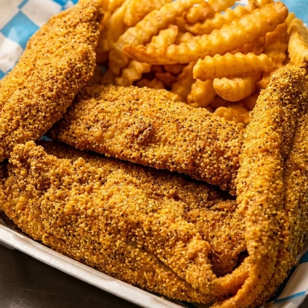 Crispy fried fish fillets and crinkle-cut fries served in a paper-lined basket.