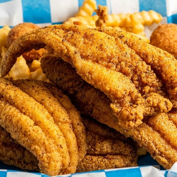 Crispy fried fish fillets, hush puppies, and crinkle-cut fries in a blue and white checkered basket.
