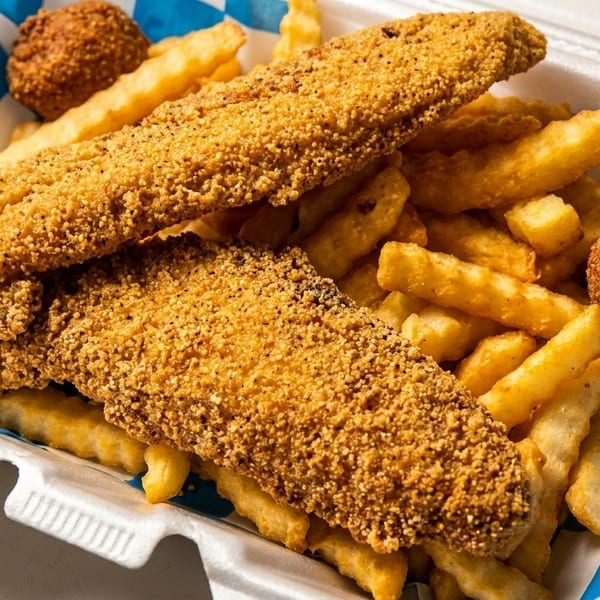 Fried fish fillets, french fries, and hushpuppies in a take-out container with blue and white checkered paper.
