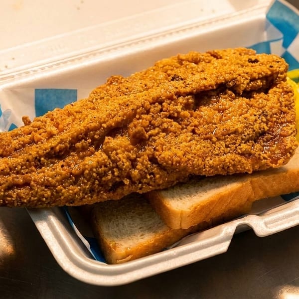 Crispy fried fish fillet on white bread with pickles and peppers in a takeout container.