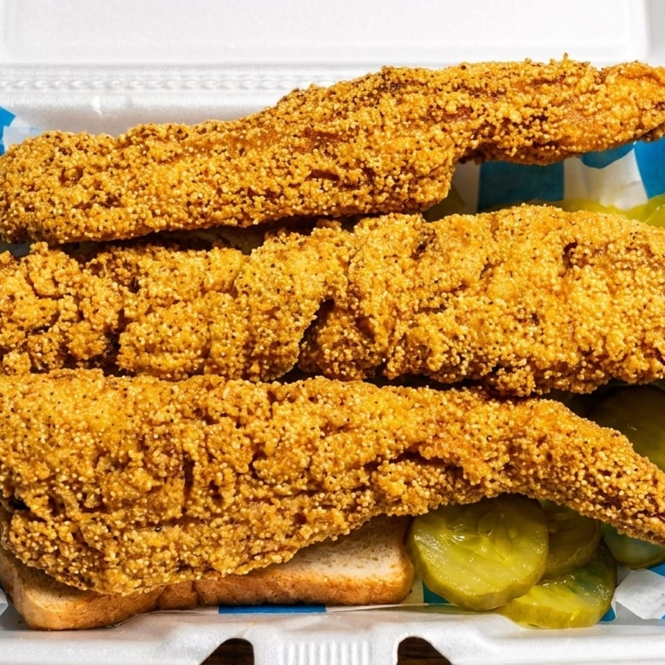 Three pieces of crispy fried fish with pickles and white bread in a takeout container.