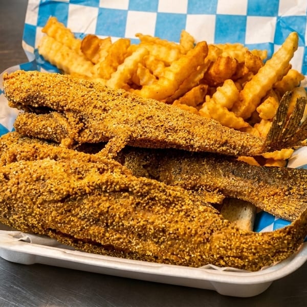Crispy fried fish and crinkle-cut fries served in a white and blue checkered paper-lined basket.