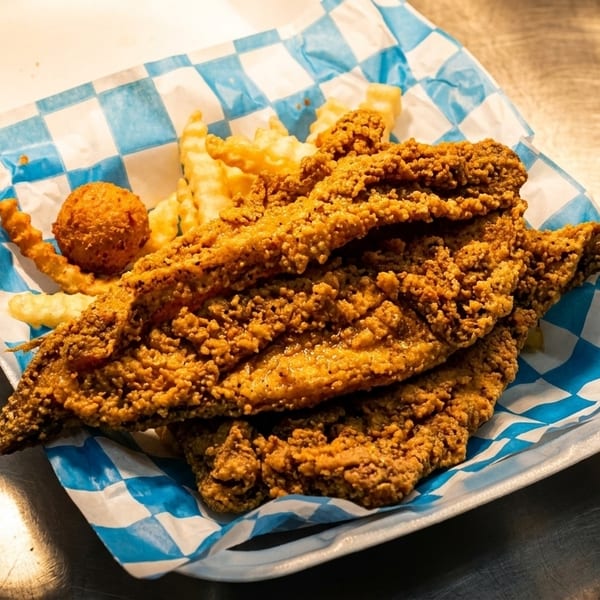 Fried fish fillets with tails, hush puppies, and crinkle-cut fries in a takeout container.