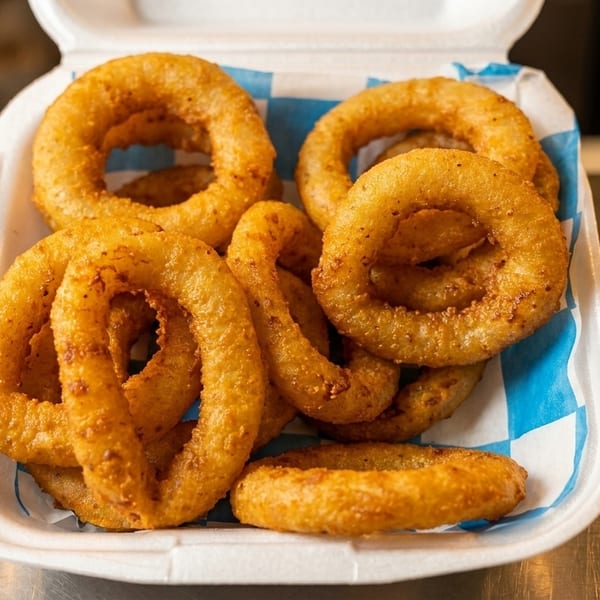 Golden-brown fried onion rings in a white takeout container with blue and white checkered paper.