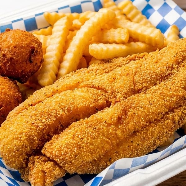 Fried fish fillets, hush puppies, and crinkle-cut fries in a white and blue checkered paper-lined tray.