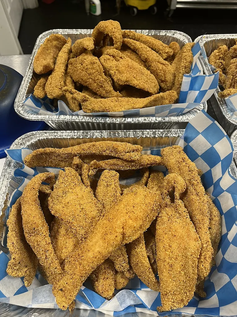 A tray of crispy, breaded fish fillets arranged neatly, showcasing their golden-brown color.